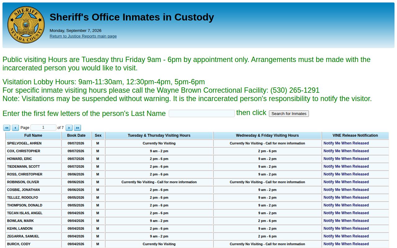 Nevada County custody report used for Sierra County arrestees