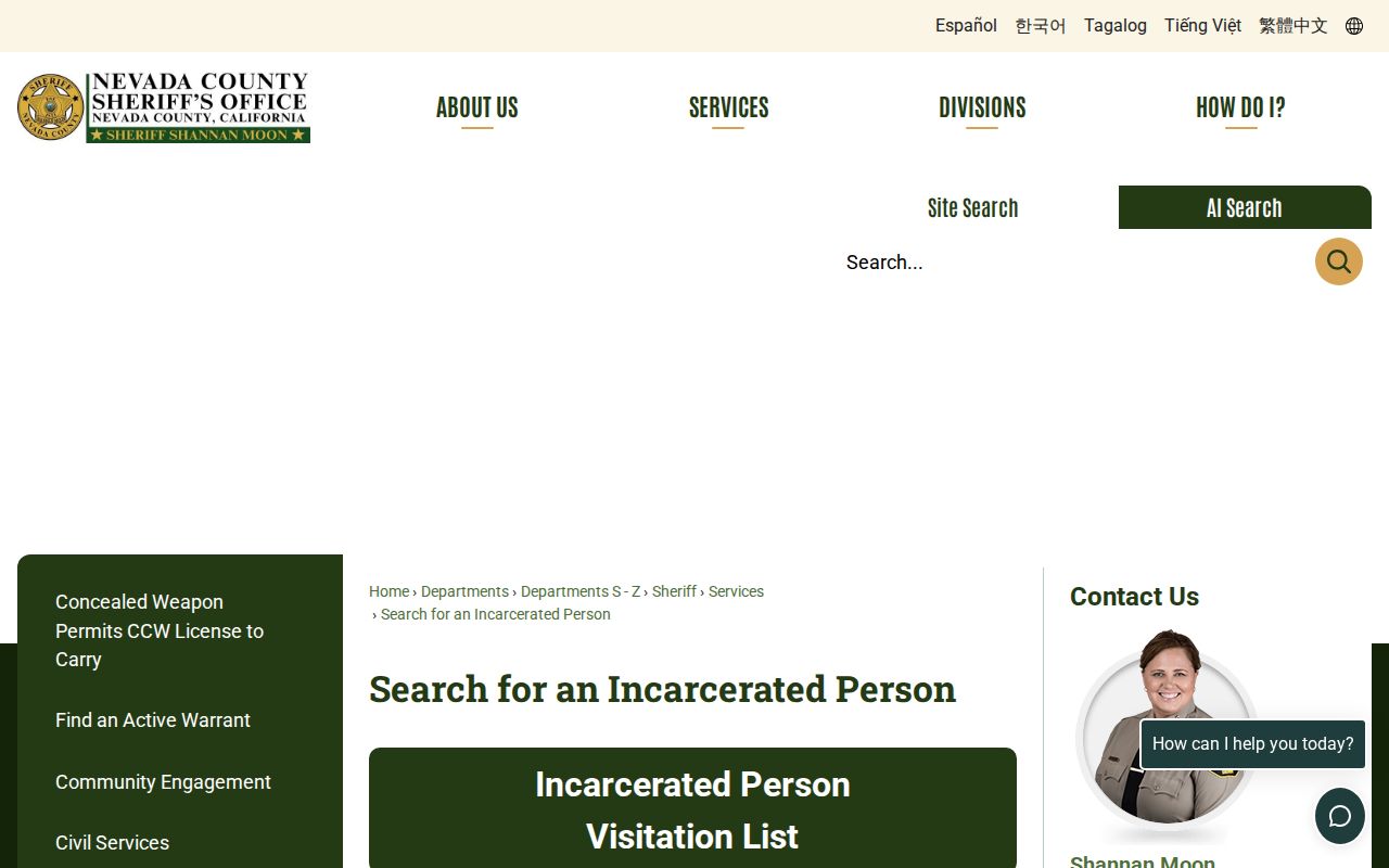 Nevada County incarcerated person search used for Sierra custody