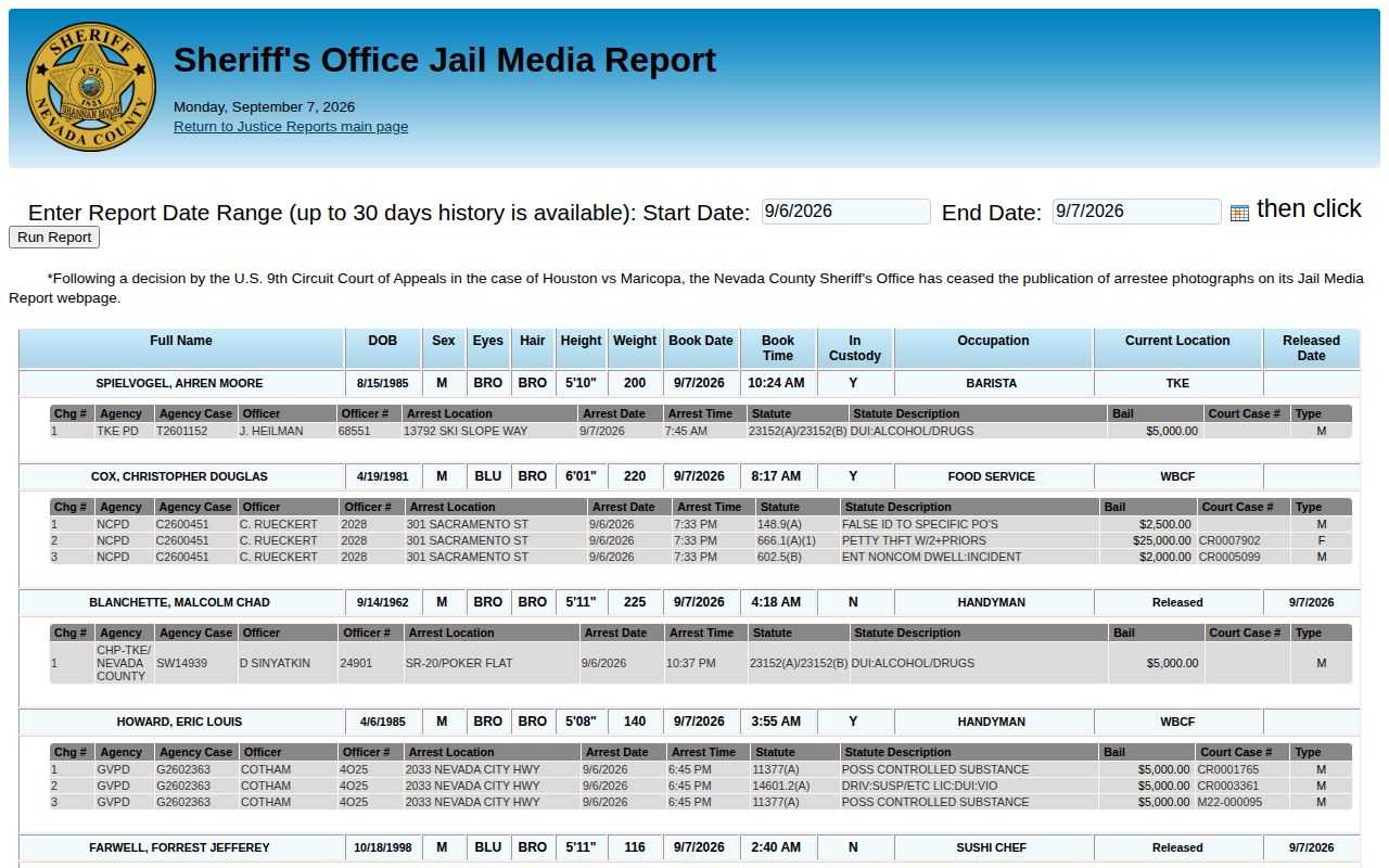Nevada County Jail Media Report interface