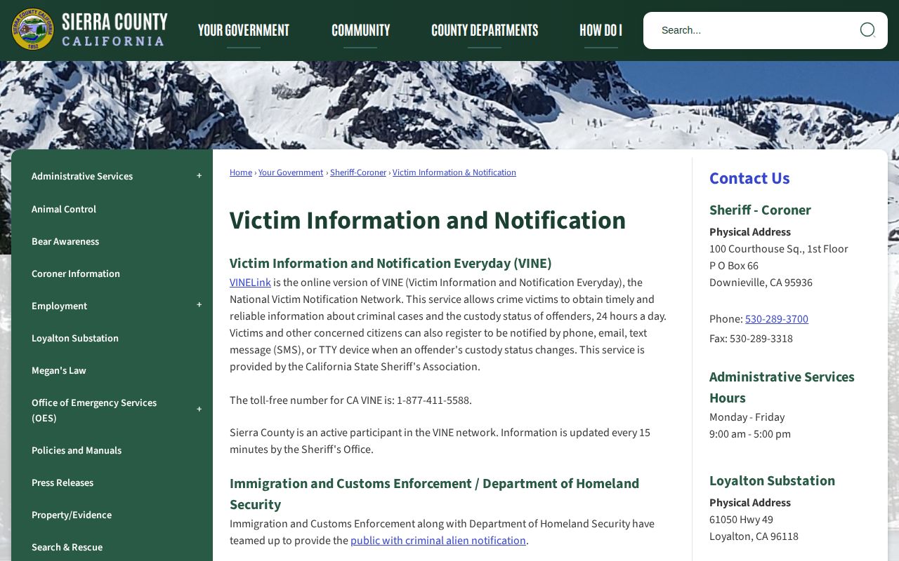 Sierra County Victim Information Notification page describing VINE participation