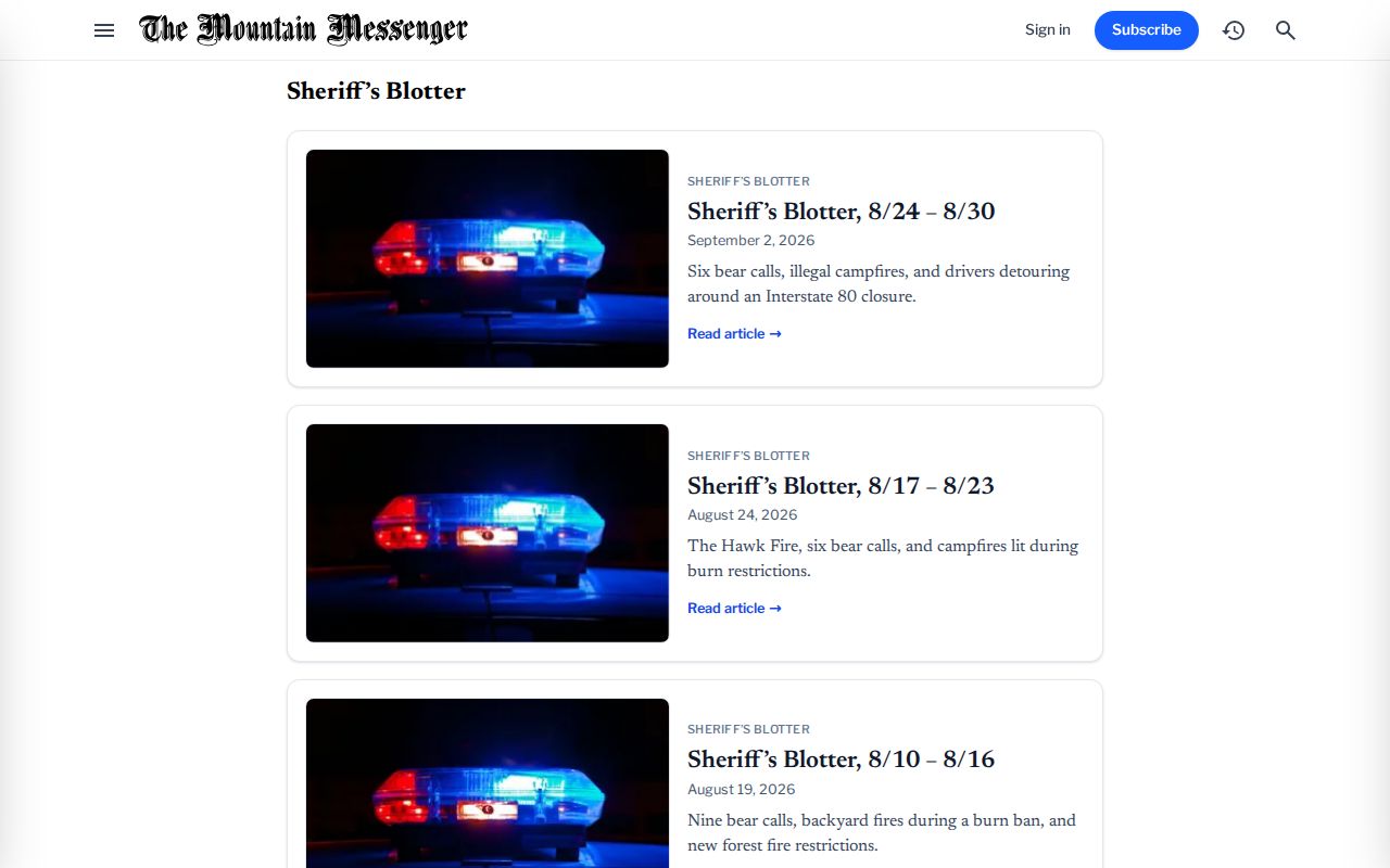 Mountain Messenger Sierra County Sheriff's Blotter page