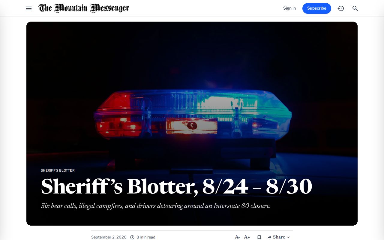 Mountain Messenger weekly Sierra County Sheriff's Blotter article